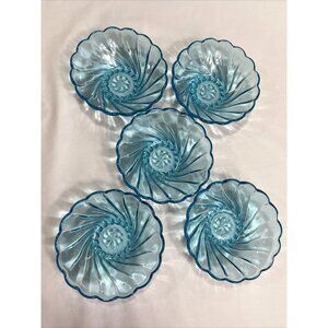 Vintage  Hazel Atlas Capri Teal Blue Swirl Candy/Serving/Fruit Bowl Set of 5